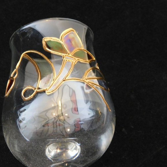 Crystal Cordial Sherry Apertif Stemmed Glasses Stained Glass Look Leaf Motif Set - Picture 2 of 8